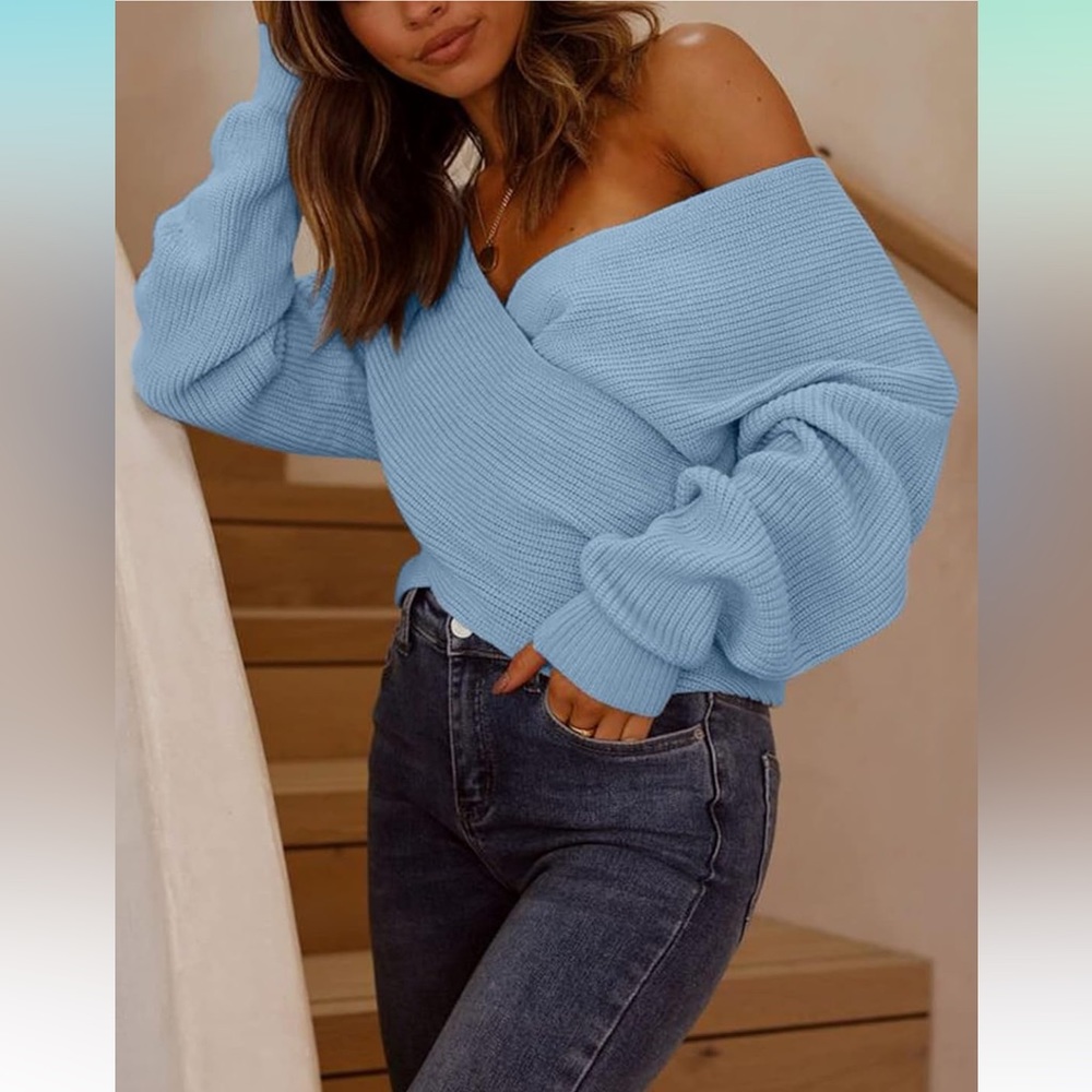 Baby blue off the shoulder cropped sweater